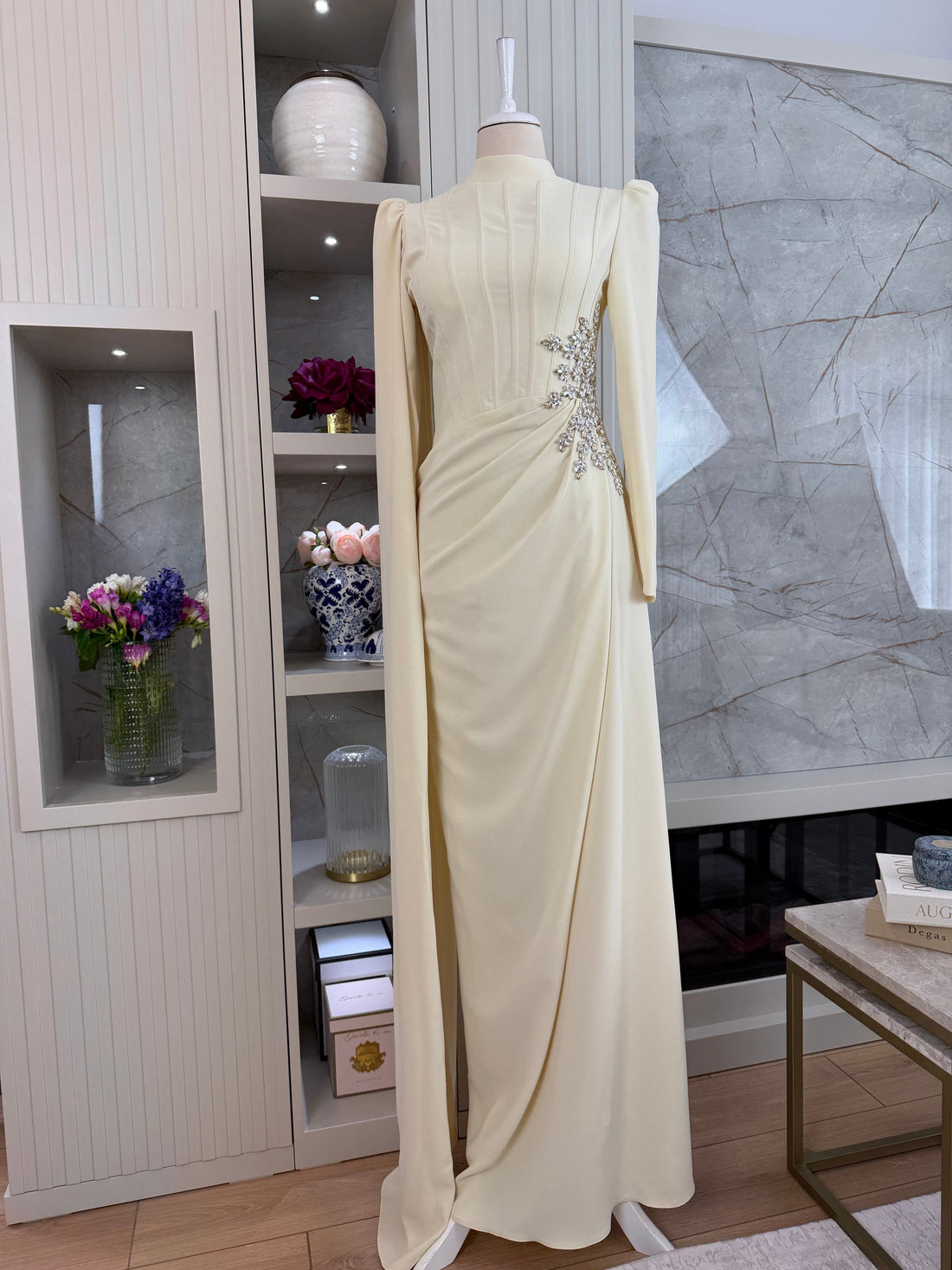 Yellow Beaded Long Sleeve Evening Gown