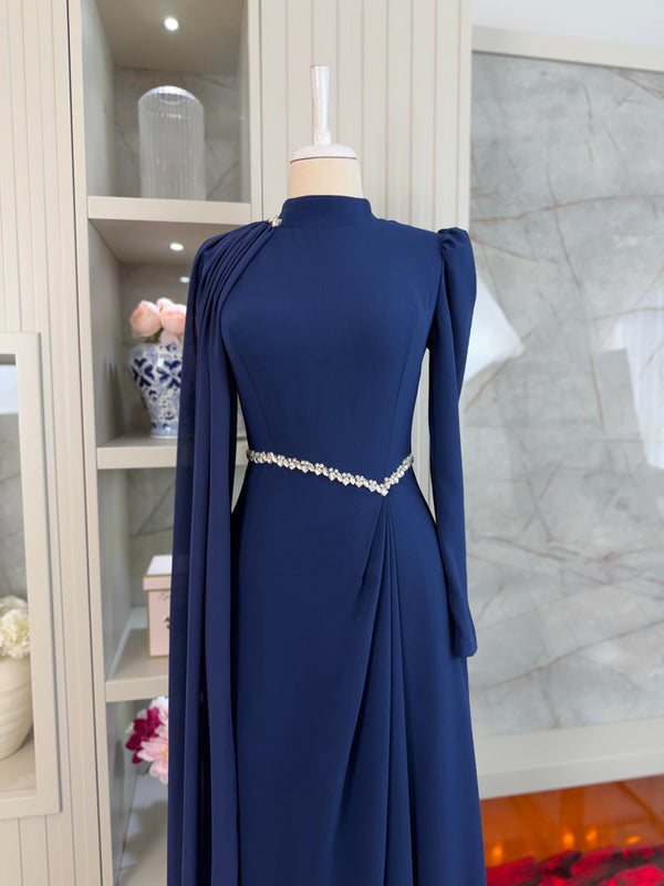 Rosie Navy Blue Pleated Gown | Stone Embellished Cape & Belted Maxi Dress