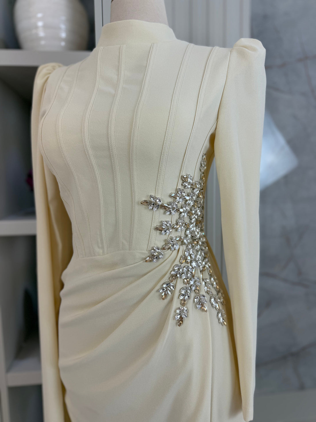 Yellow Beaded Long Sleeve Evening Gown