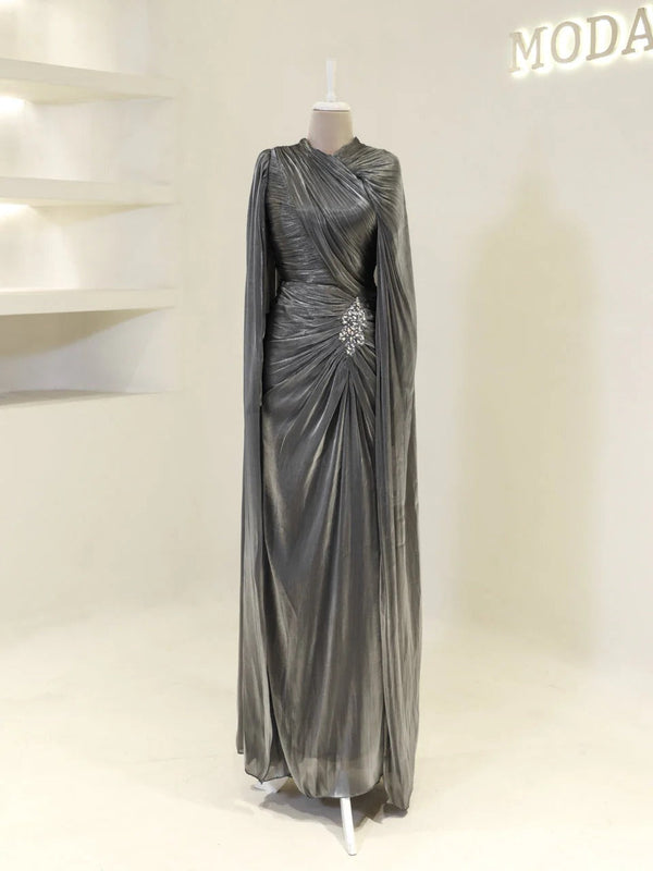 Fairuz Evening Dress with Cape Detail - Gray