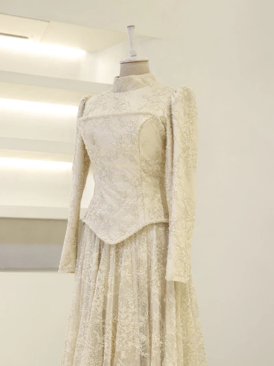 Lace Corset Modest Evening Gown - Beige