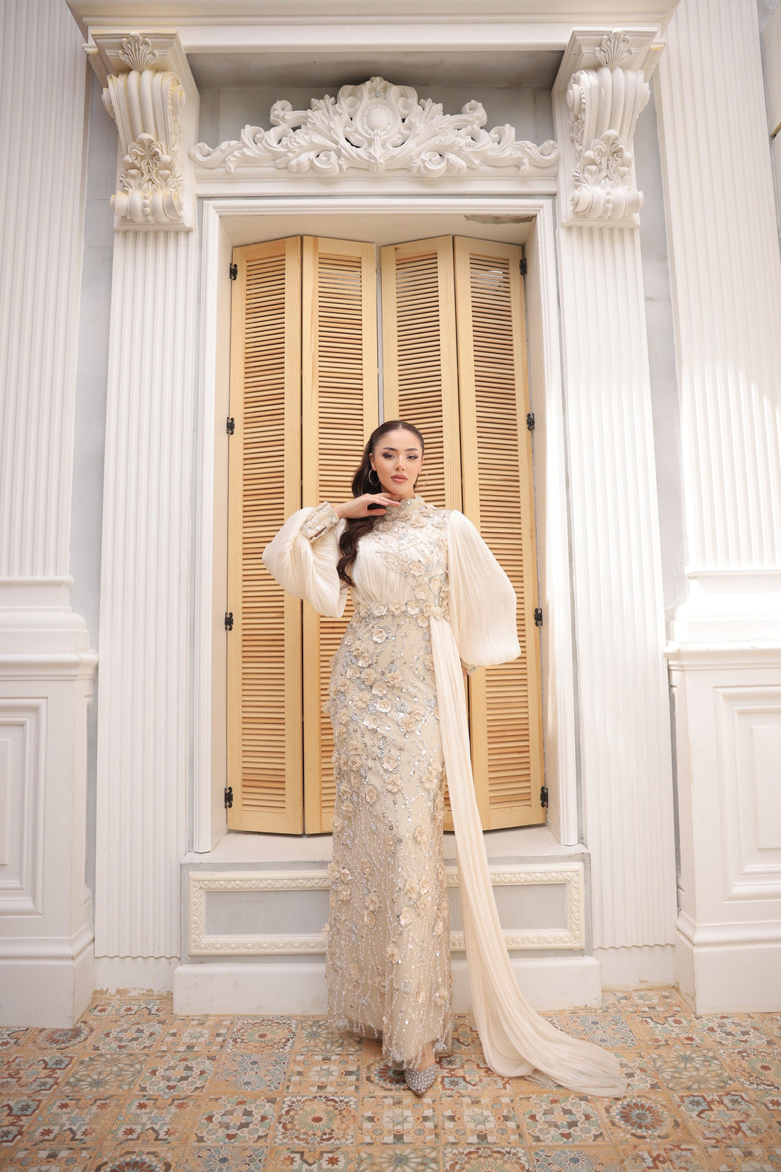 Roxanne Beaded Modest Evening Gown - Beige