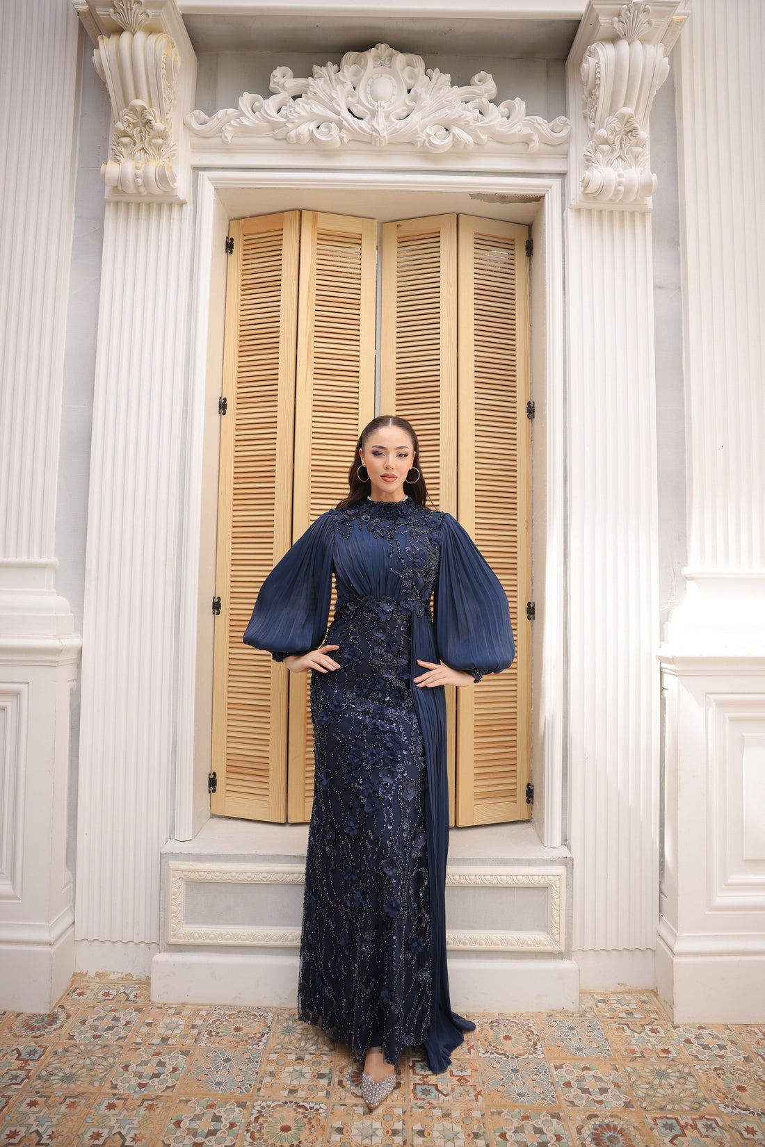 Roxanne Beaded Modest Evening Gown - Navy Blue