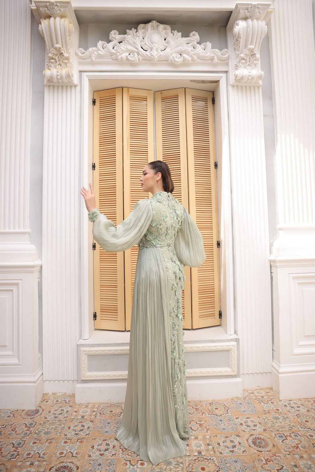 Roxanne Beaded Modest Evening Gown - Mint
