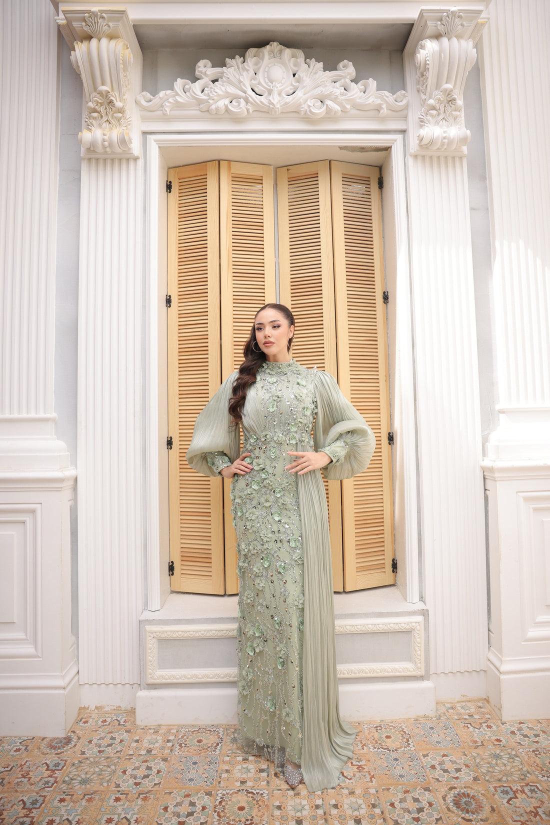 Roxanne Beaded Modest Evening Gown - Mint