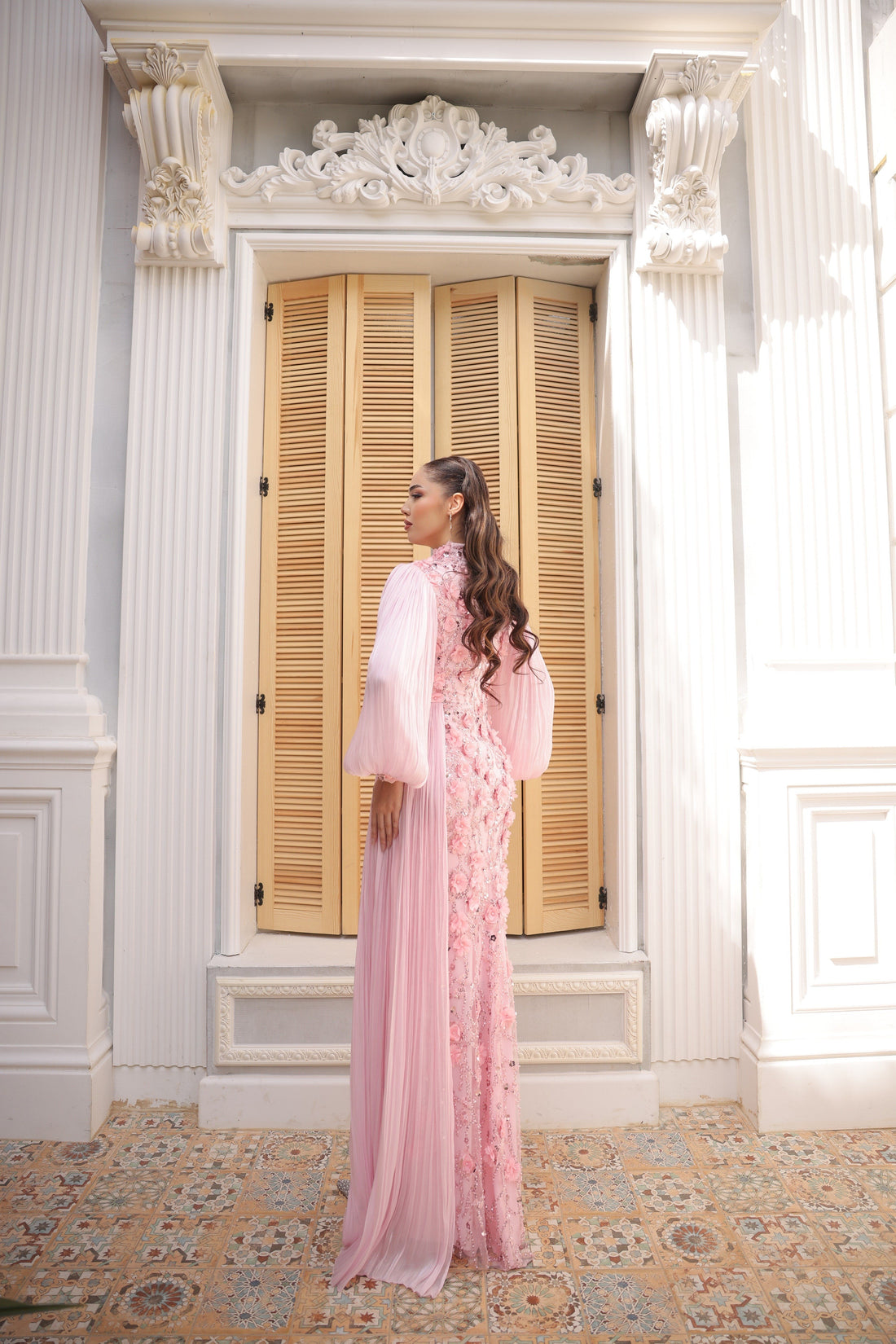 Roxanne Beaded Modest Evening Gown - Pink