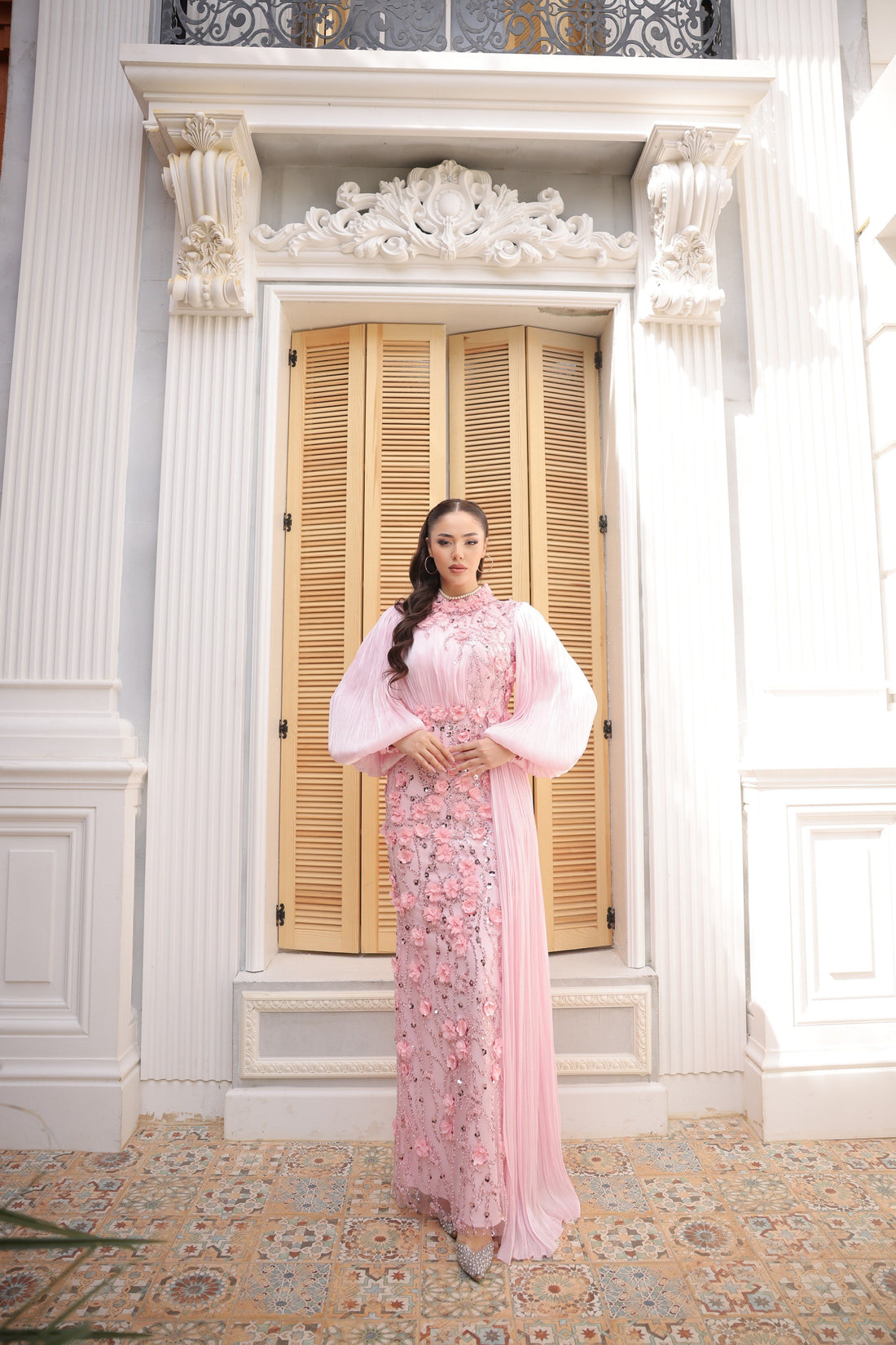 Roxanne Beaded Modest Evening Gown - Pink