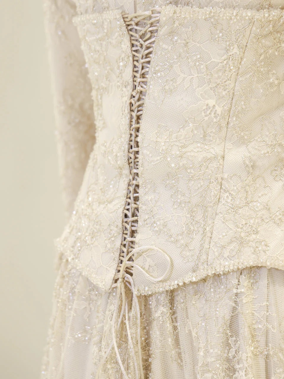 Lace Corset Modest Evening Gown - Beige