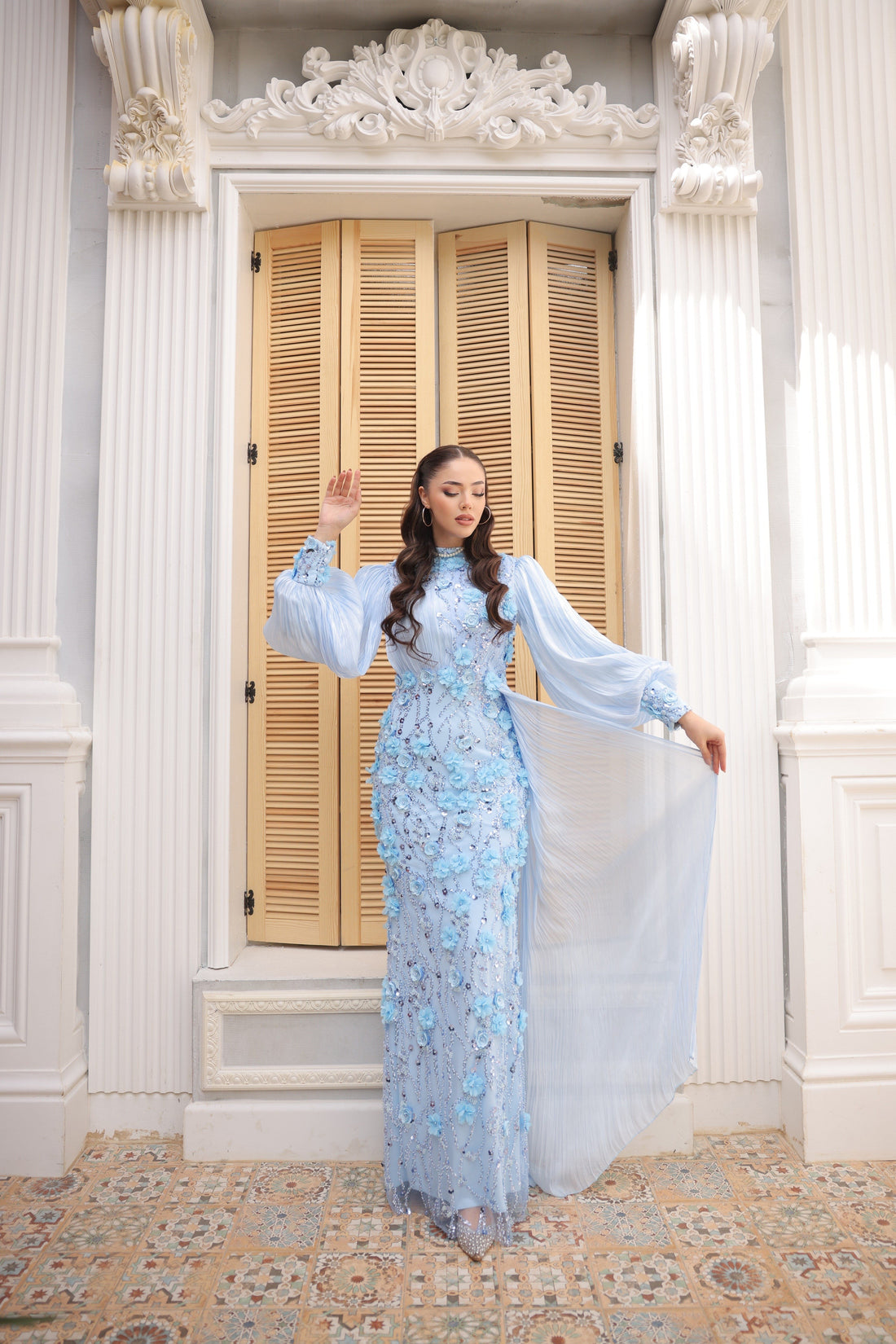 Roxanne Beaded Modest Evening Gown - Baby Blue