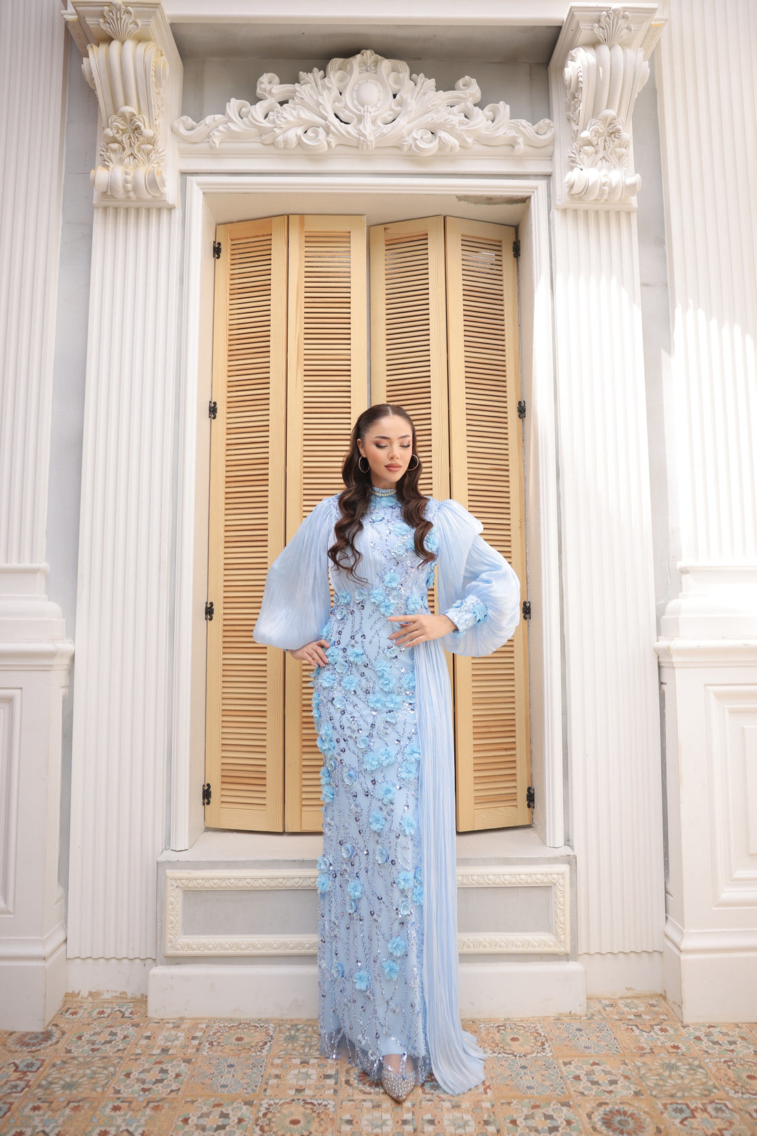 Roxanne Beaded Modest Evening Gown - Baby Blue