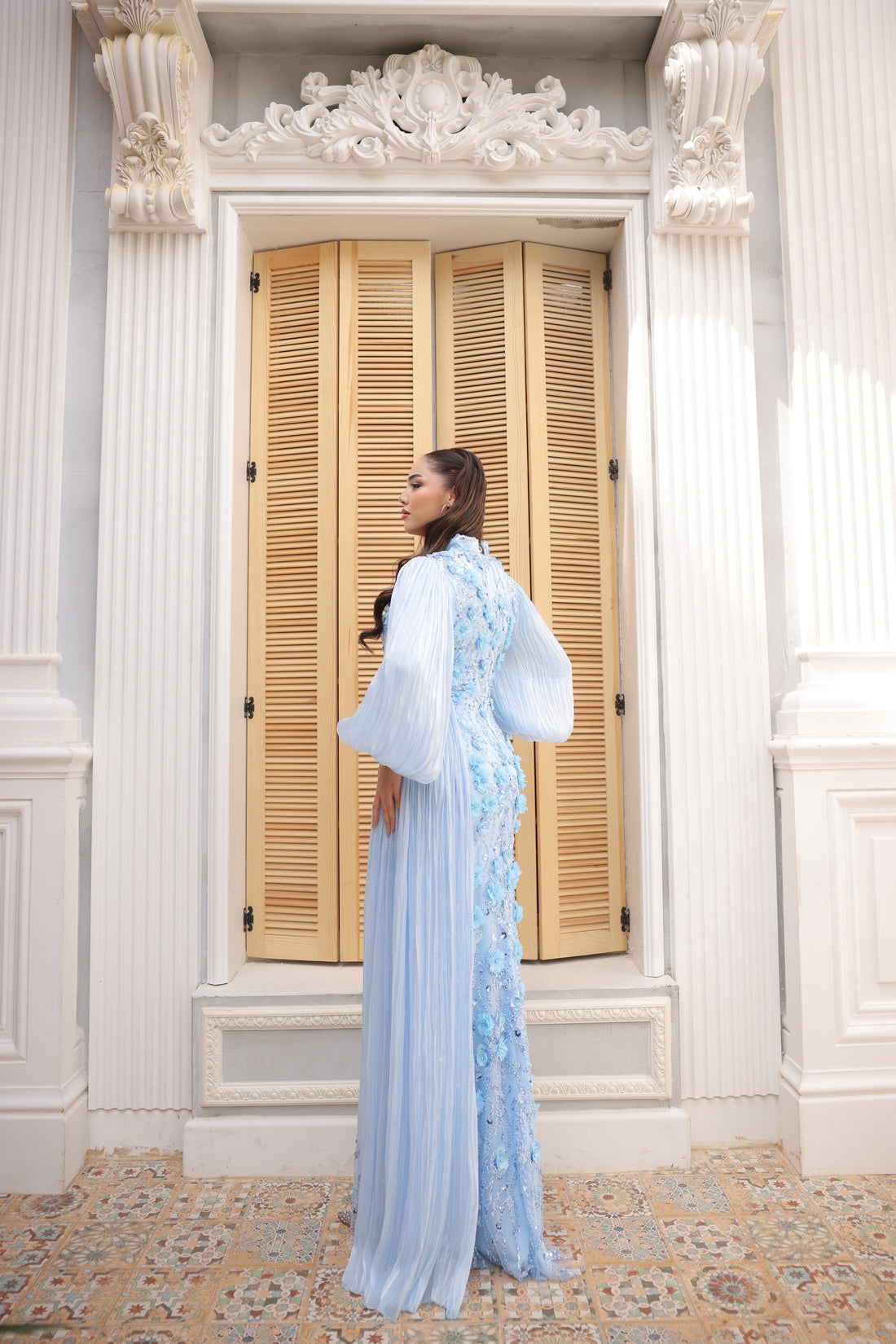 Roxanne Beaded Modest Evening Gown - Baby Blue