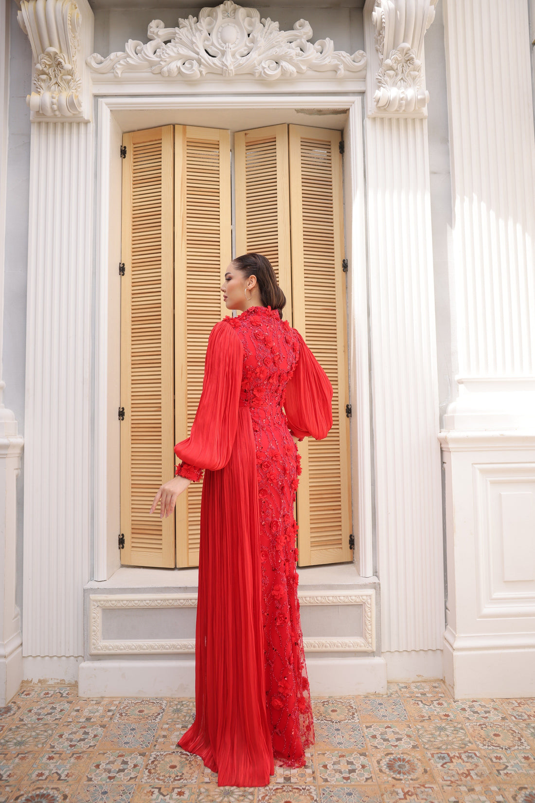 Roxanne Beaded Modest Evening Gown - Red