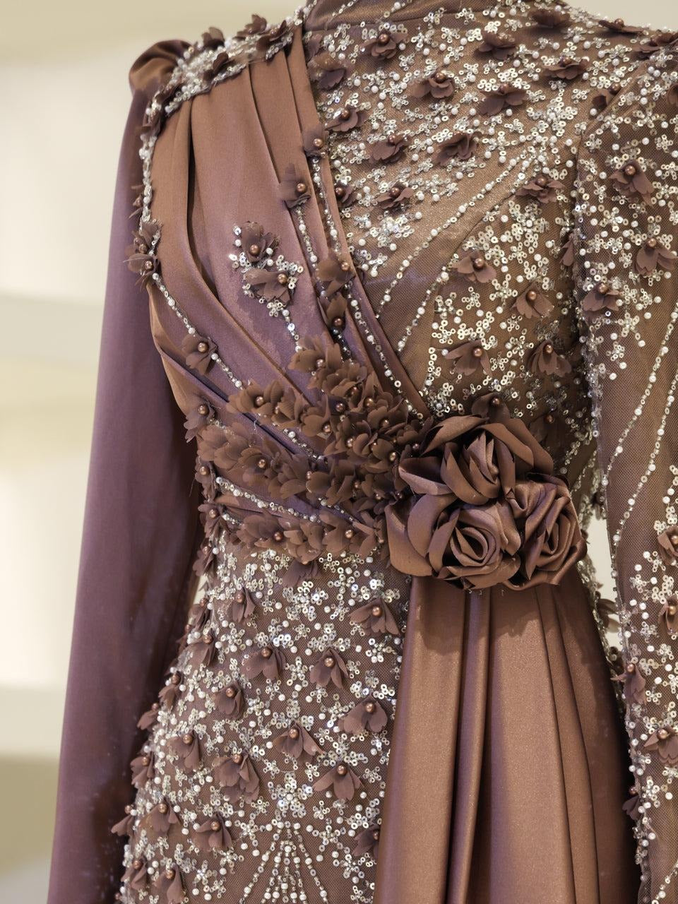 Darelia Textured Feather-Effect Gown- Brown