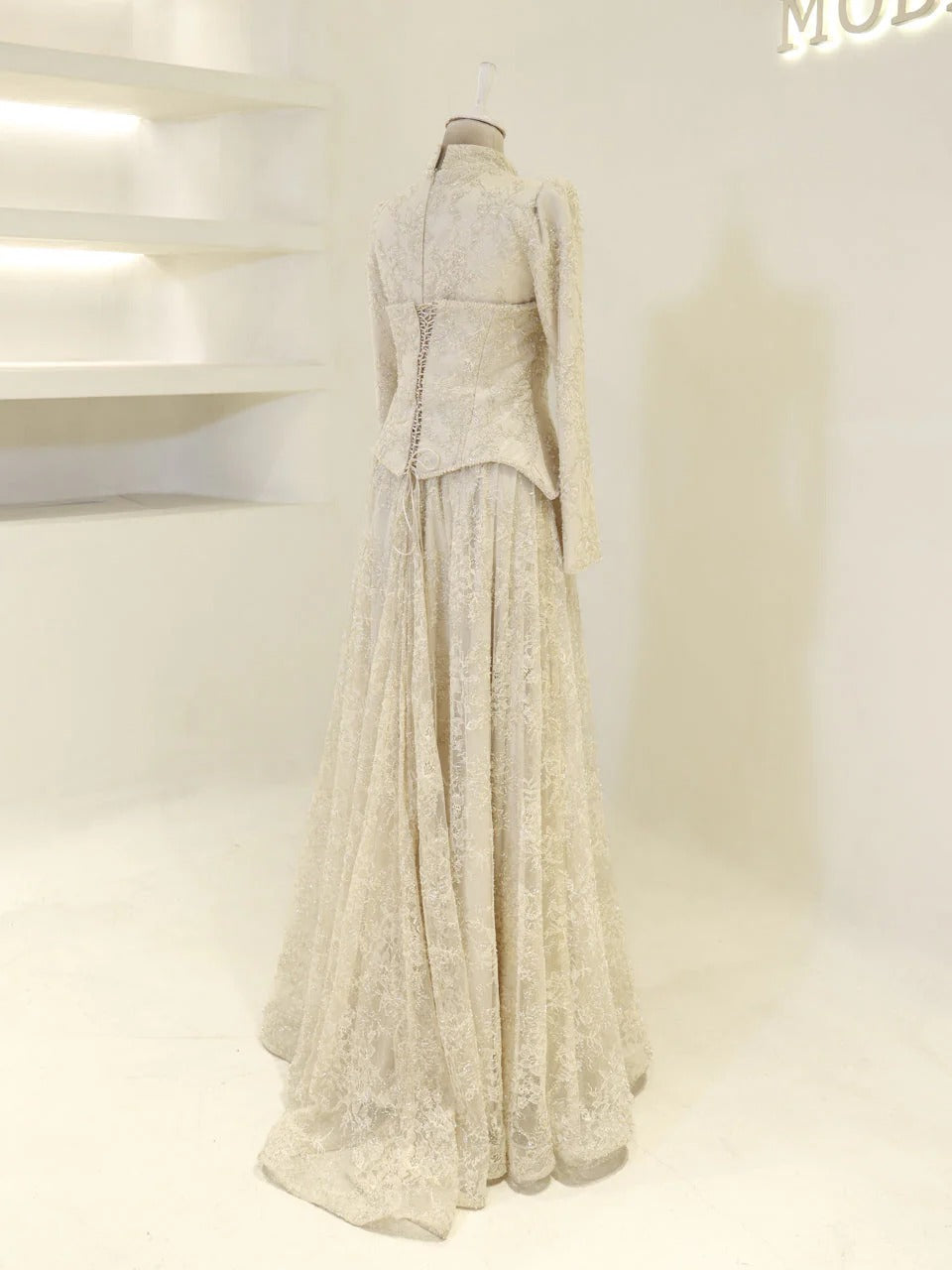 Lace Corset Modest Evening Gown - Beige