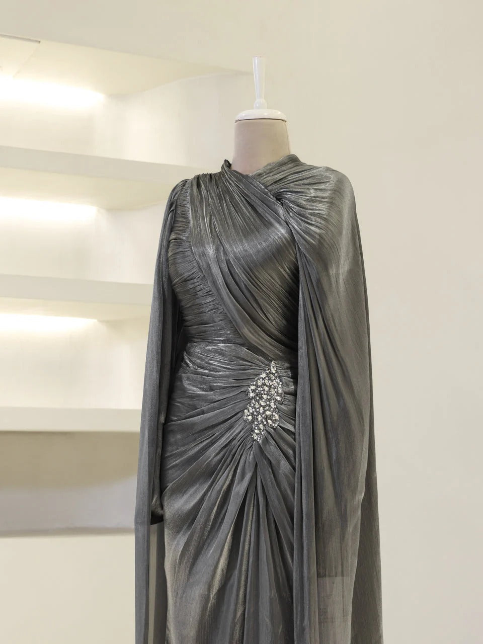 Fairuz Evening Dress with Cape Detail - Gray