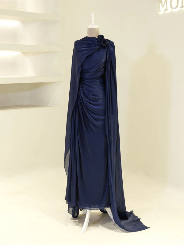 Orchid Fabric Flare Modest Evening Dress - Navy Blue