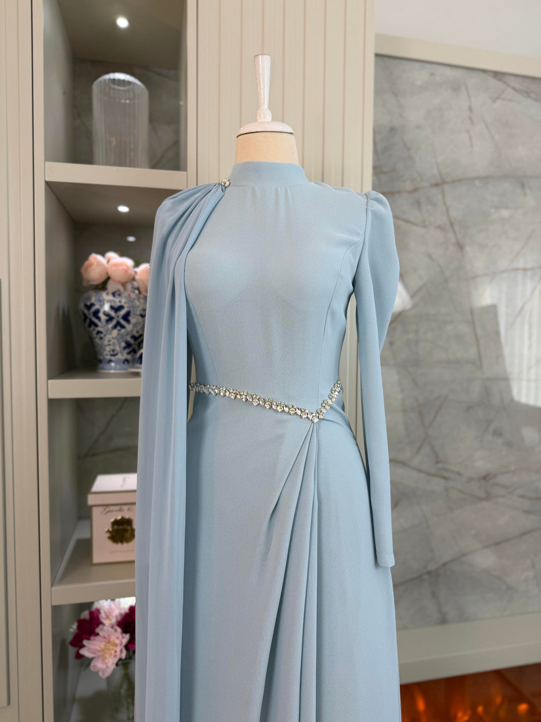 Rosie Baby Blue Pleated Gown | Stone Embellished Cape & Belted Maxi Dress