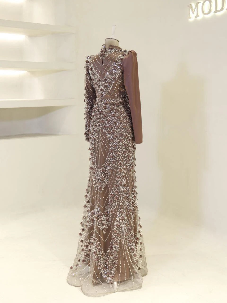 Darelia Textured Feather-Effect Gown- Brown