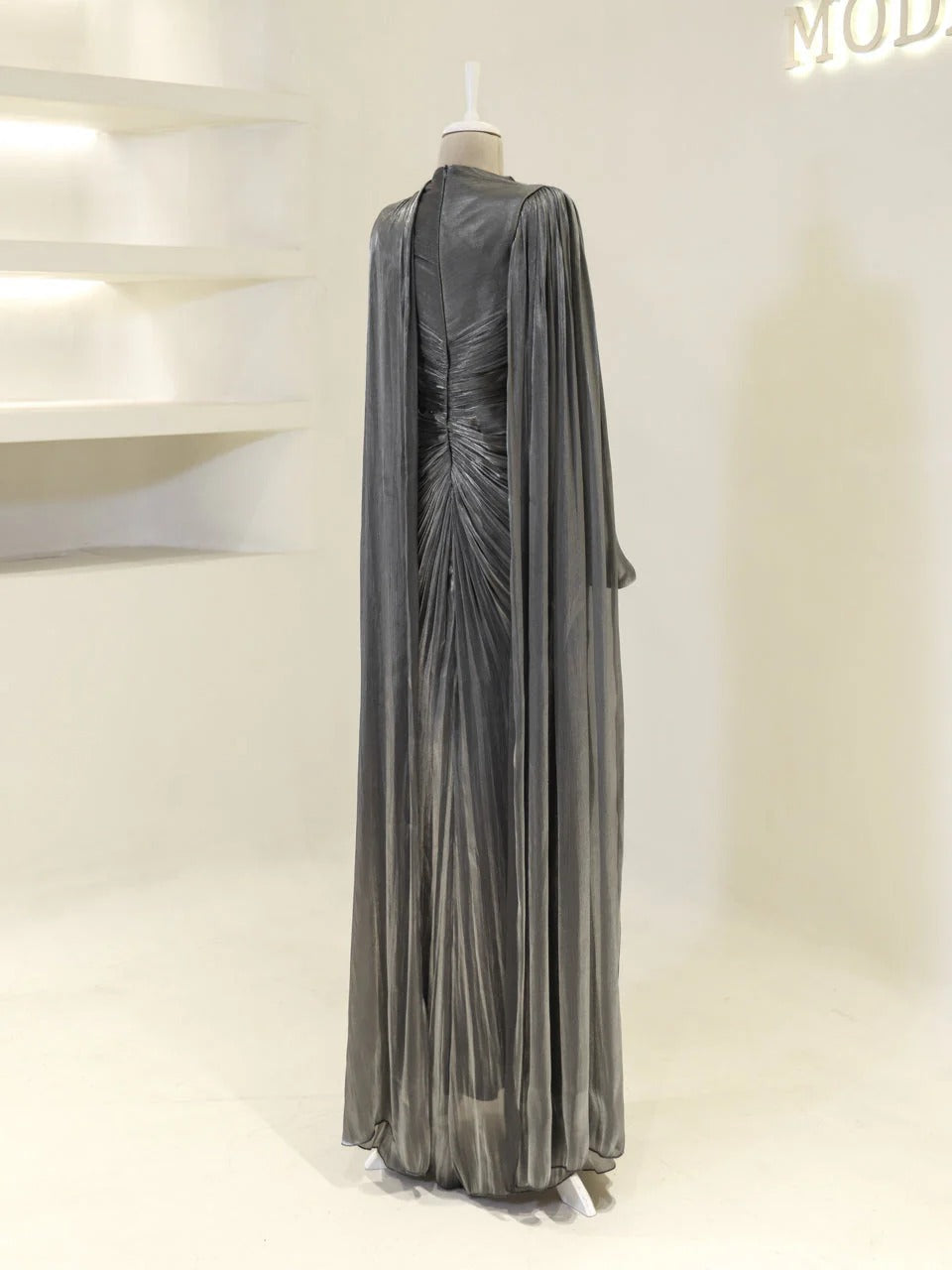 Fairuz Evening Dress with Cape Detail - Gray