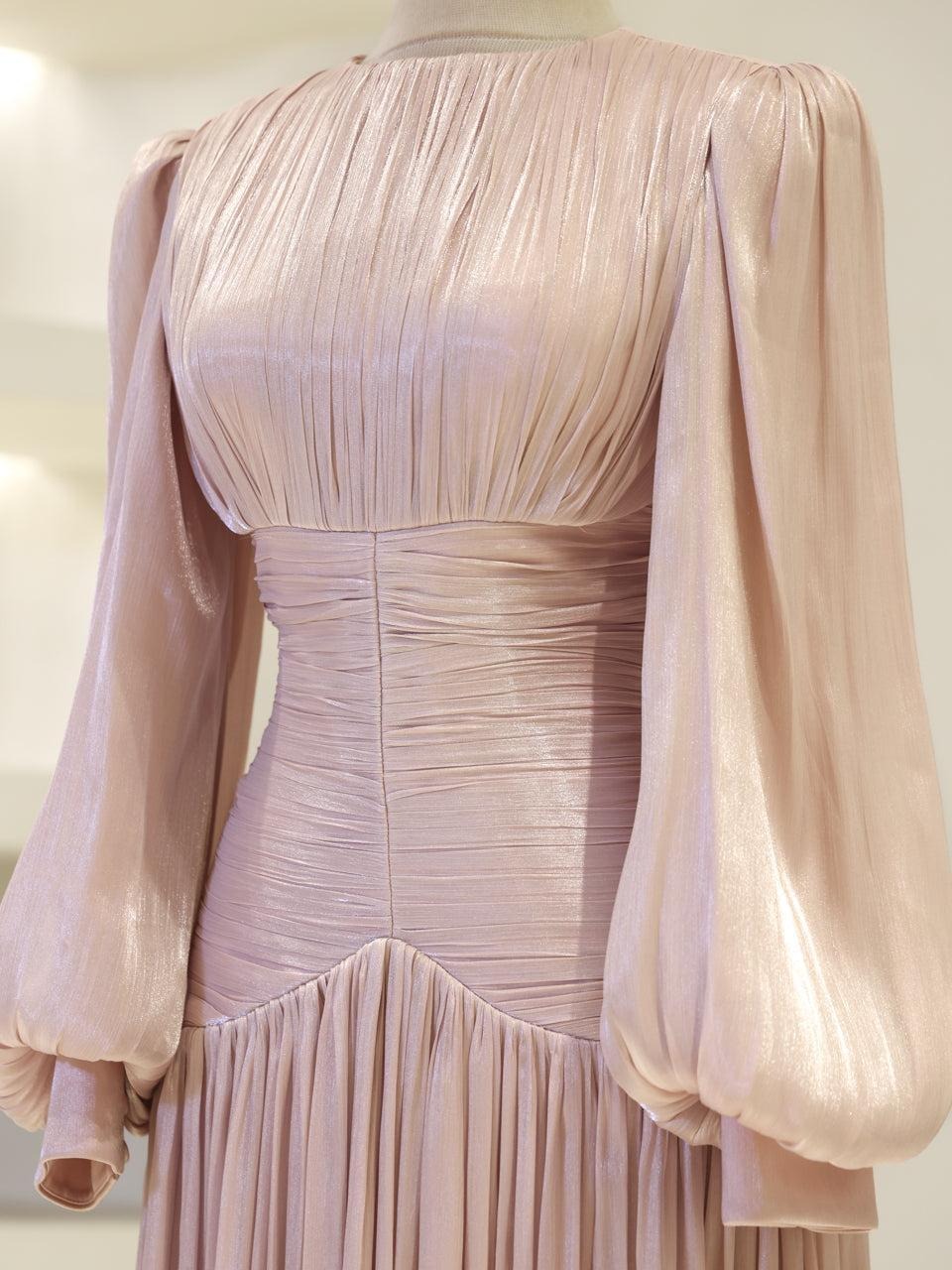 Shimmering Orchid Modest Evening Dress - Flare Pleated Gown - Poudra