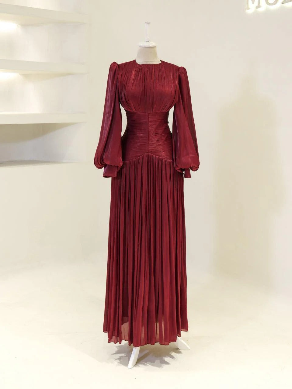 Shimmering Orchid Modest Evening Dress - Flare Pleated Gown - Red