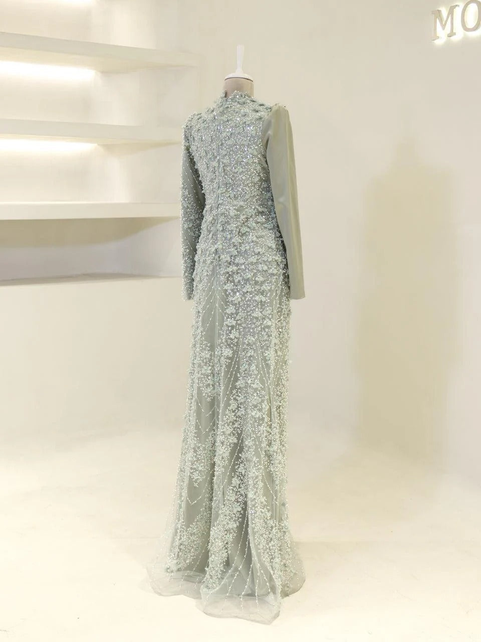 Darelia Textured Feather-Effect Gown- Mint Blue