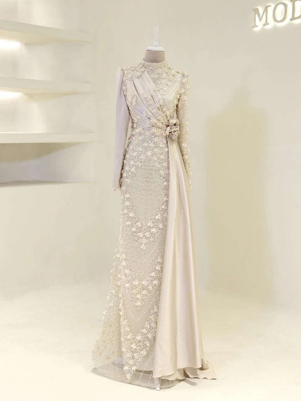Darelia Textured Feather-Effect Gown- Beige