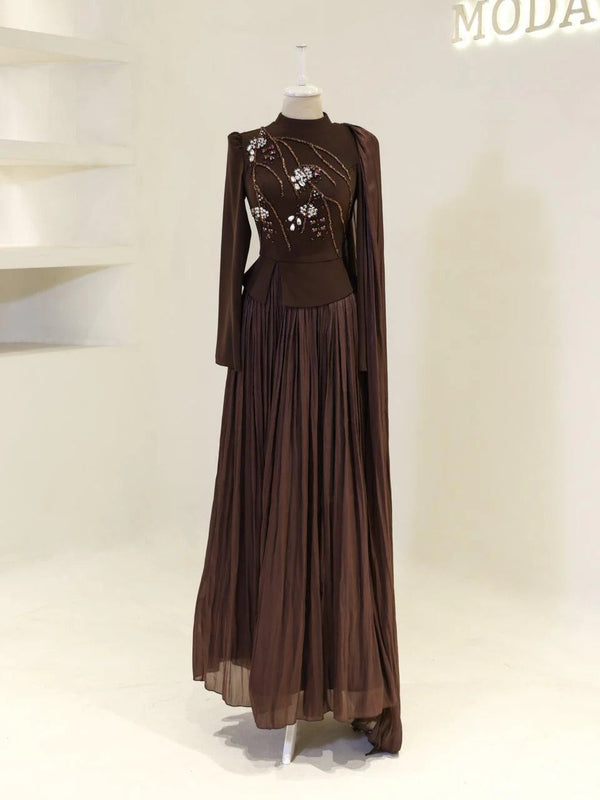 Beaded Embellished Maxi Evening Dress for Formal Events - Brown
