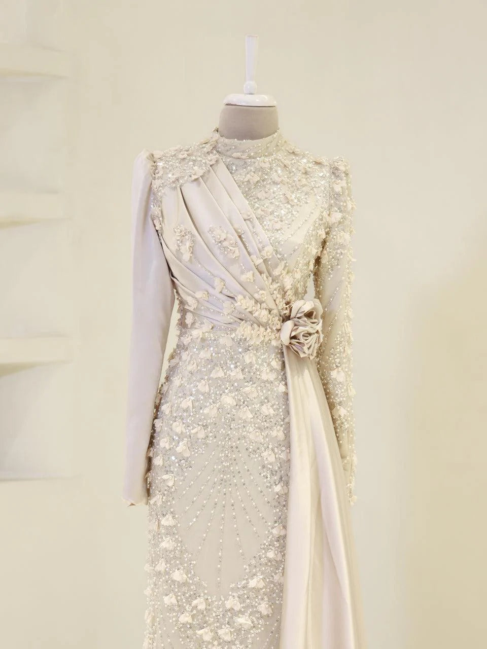 Darelia Textured Feather-Effect Gown- Beige
