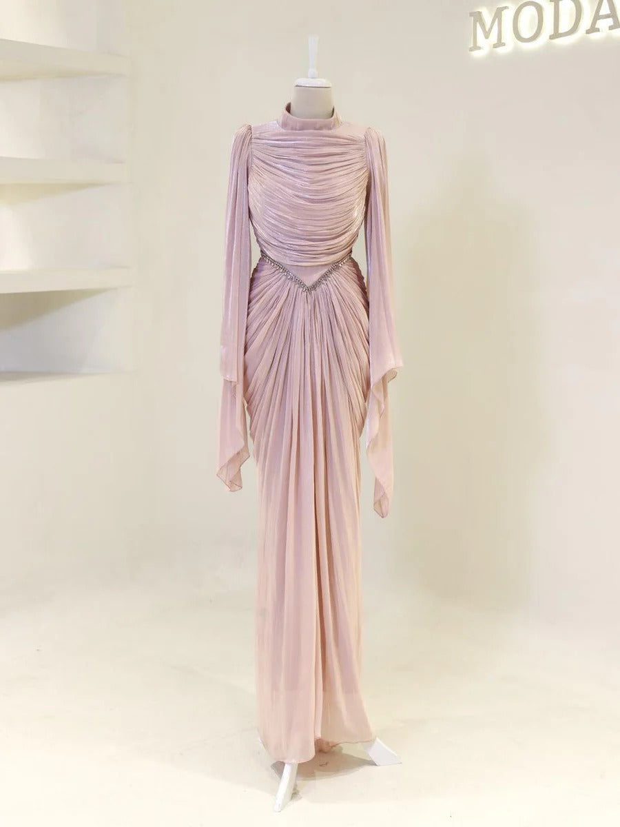 Sequin Cape Satin Evening Gown- Poudra
