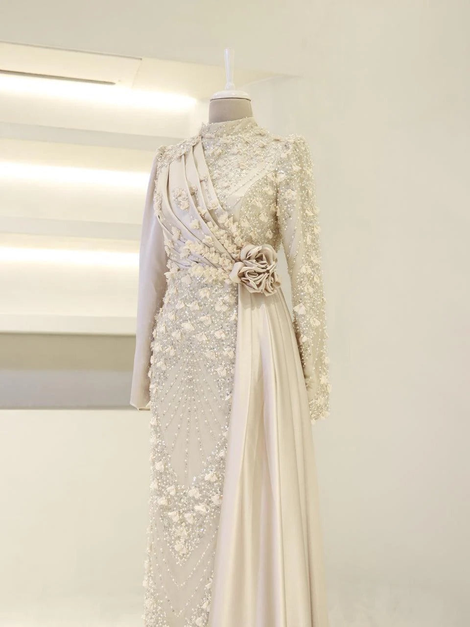 Darelia Textured Feather-Effect Gown- Beige