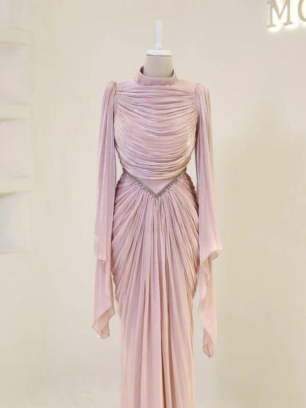 Sequin Cape Satin Evening Gown- Poudra