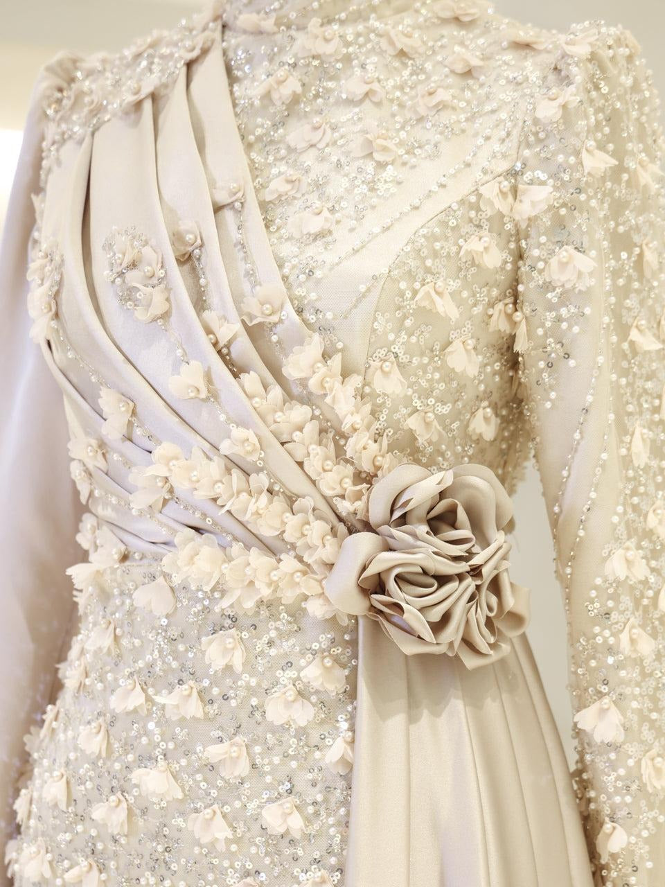 Darelia Textured Feather-Effect Gown- Beige