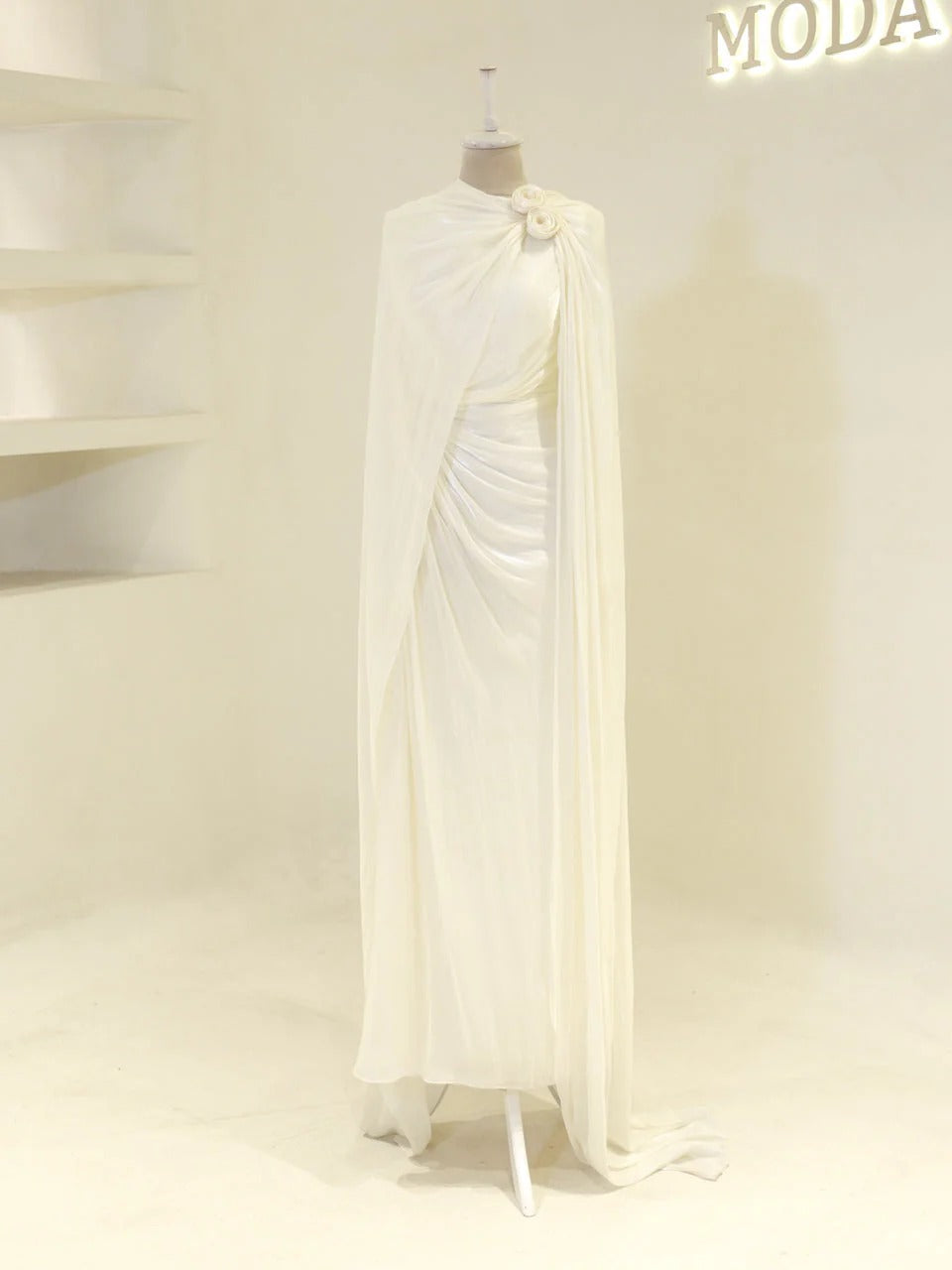 Orchid Fabric Flare Modest Evening Dress - Cream