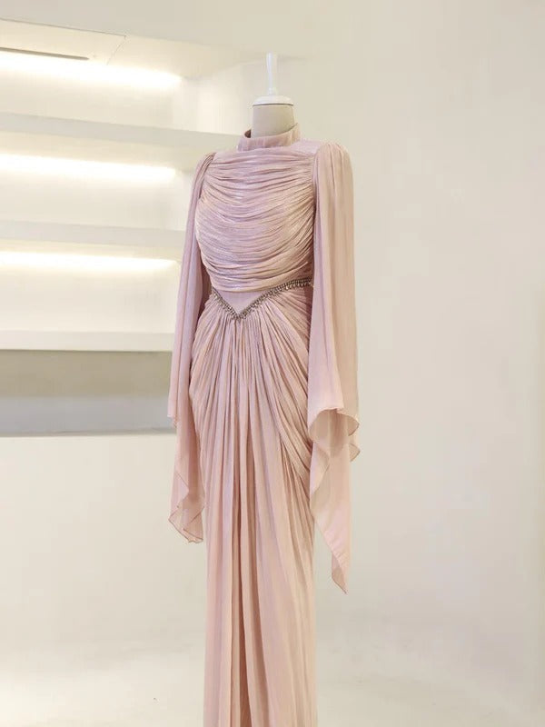 Sequin Cape Satin Evening Gown- Poudra