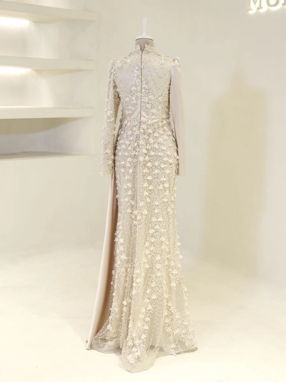 Darelia Textured Feather-Effect Gown- Beige