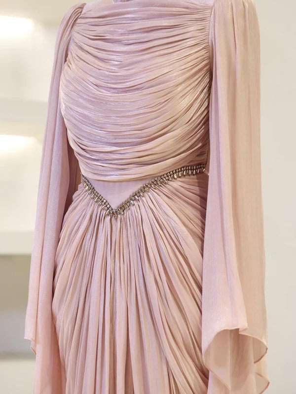 Sequin Cape Satin Evening Gown- Poudra