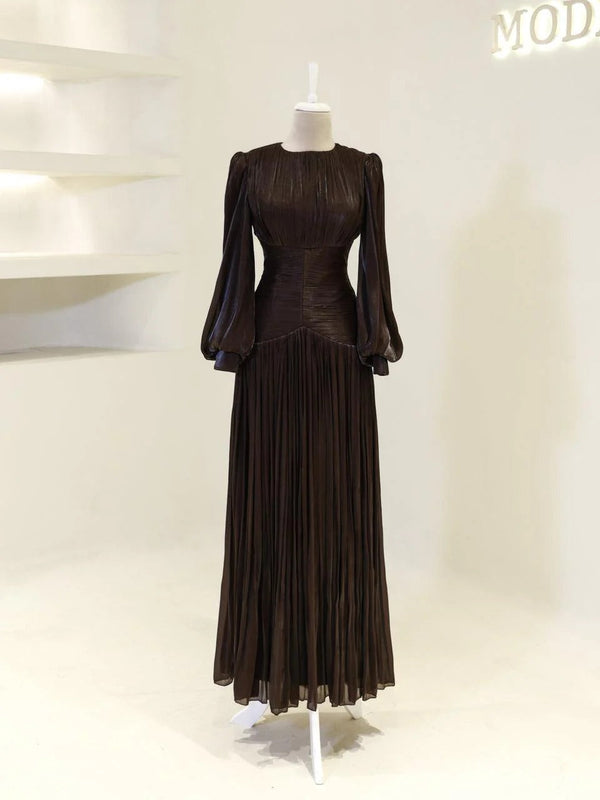 Shimmering Orchid Modest Evening Dress - Flare Pleated Gown - Dark Brown