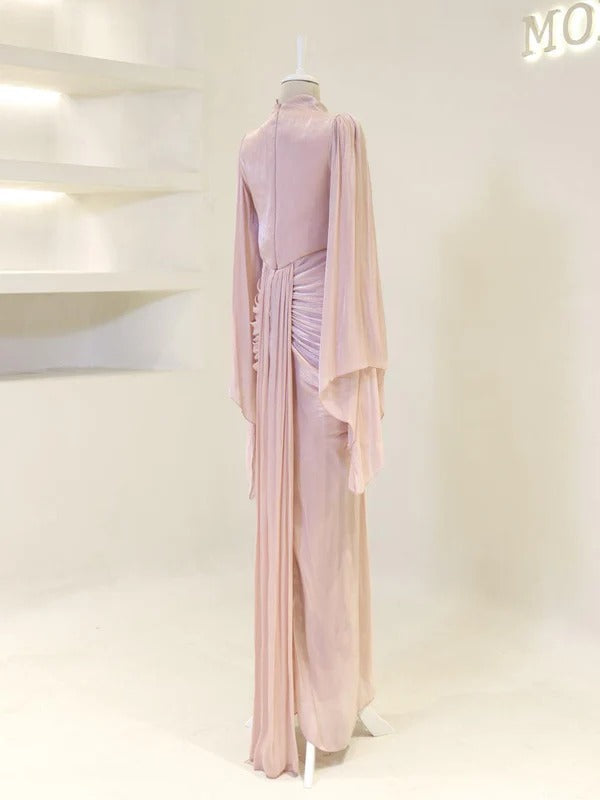 Sequin Cape Satin Evening Gown- Poudra