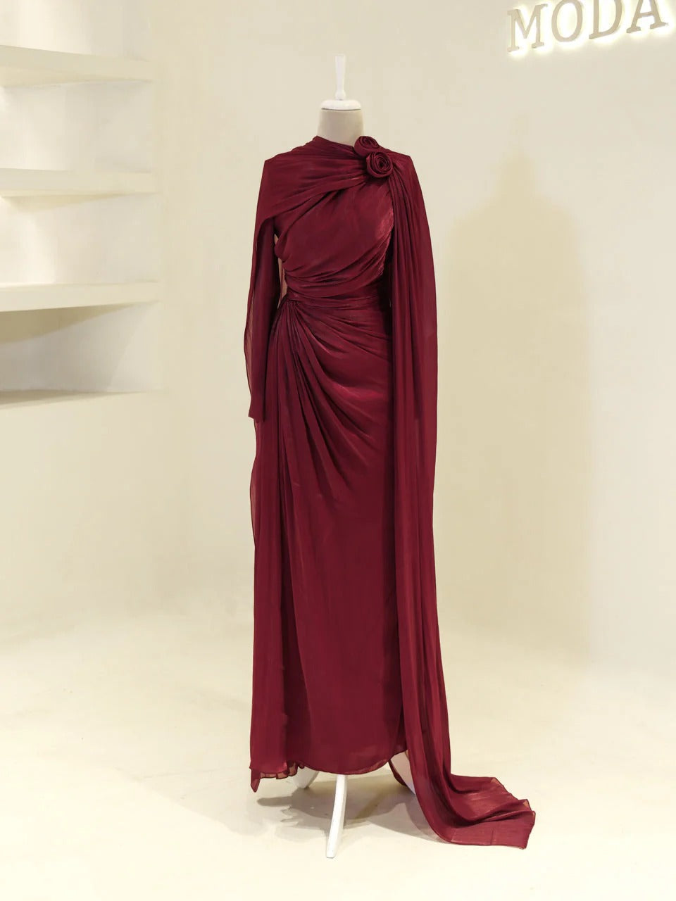 Orchid Fabric Flare Modest Evening Dress - Burgundy