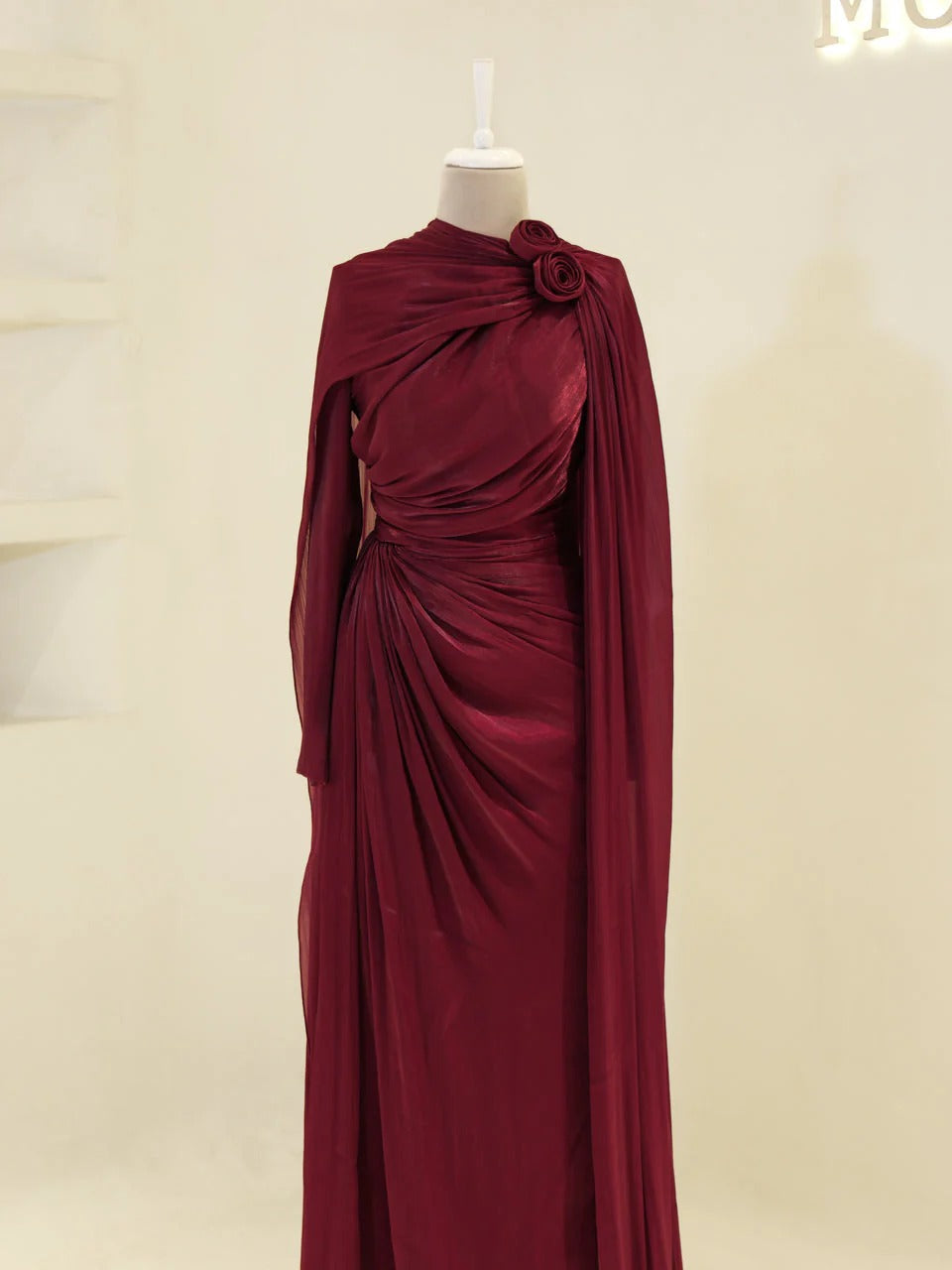 Orchid Fabric Flare Modest Evening Dress - Burgundy