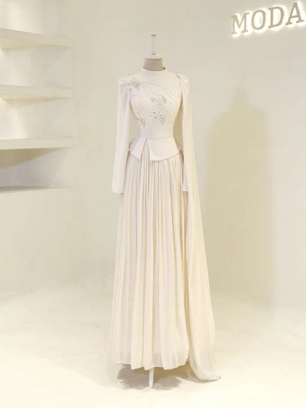 Beaded Embellished Maxi Evening Dress for Formal Events - Cream