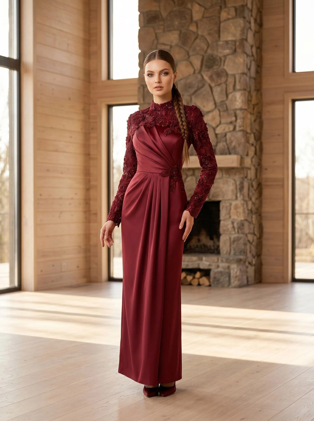 Maryam Burgundy Evening Gown | Modest Long Sleeve Formal Dress