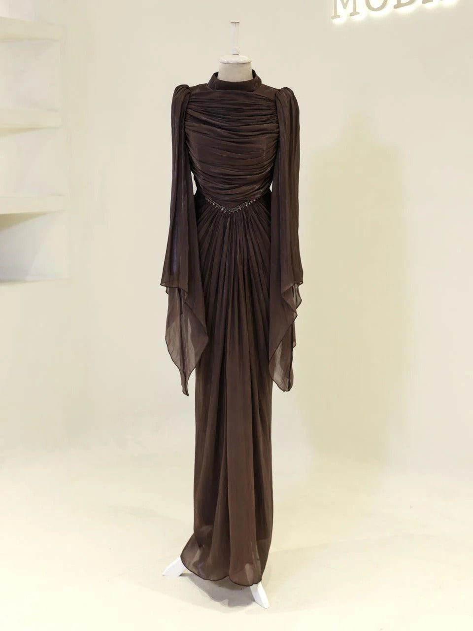 Sequin Cape Satin Evening Gown- Brown