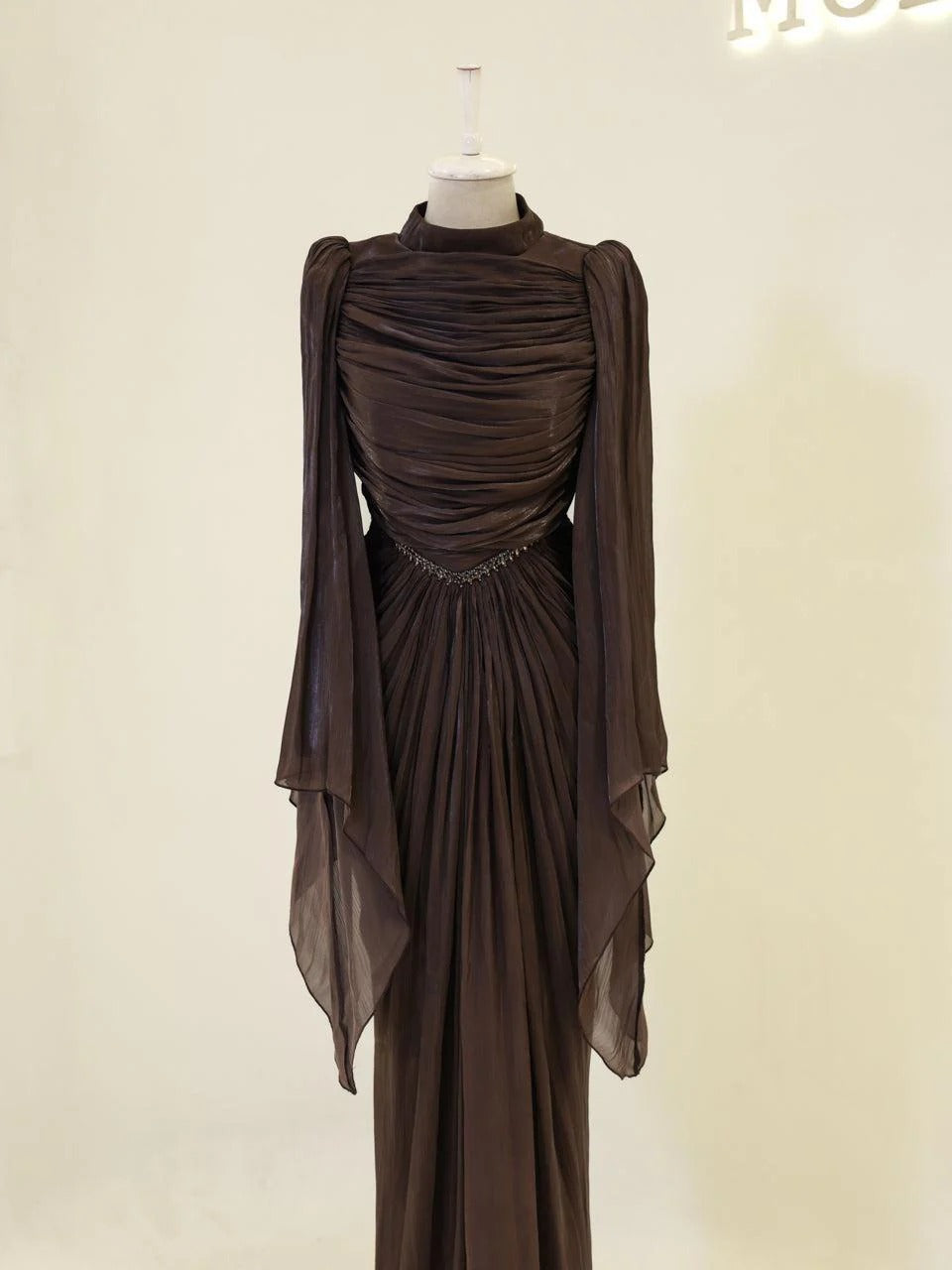 Sequin Cape Satin Evening Gown- Brown