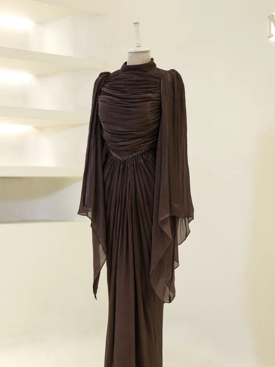 Sequin Cape Satin Evening Gown- Brown