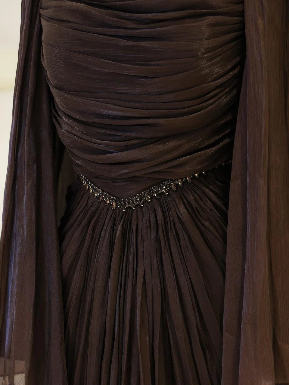 Sequin Cape Satin Evening Gown- Brown
