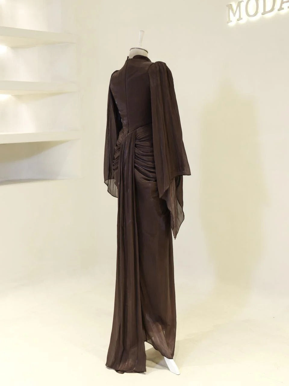 Sequin Cape Satin Evening Gown- Brown