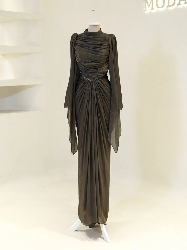 Sequin Cape Satin Evening Gown- Brown