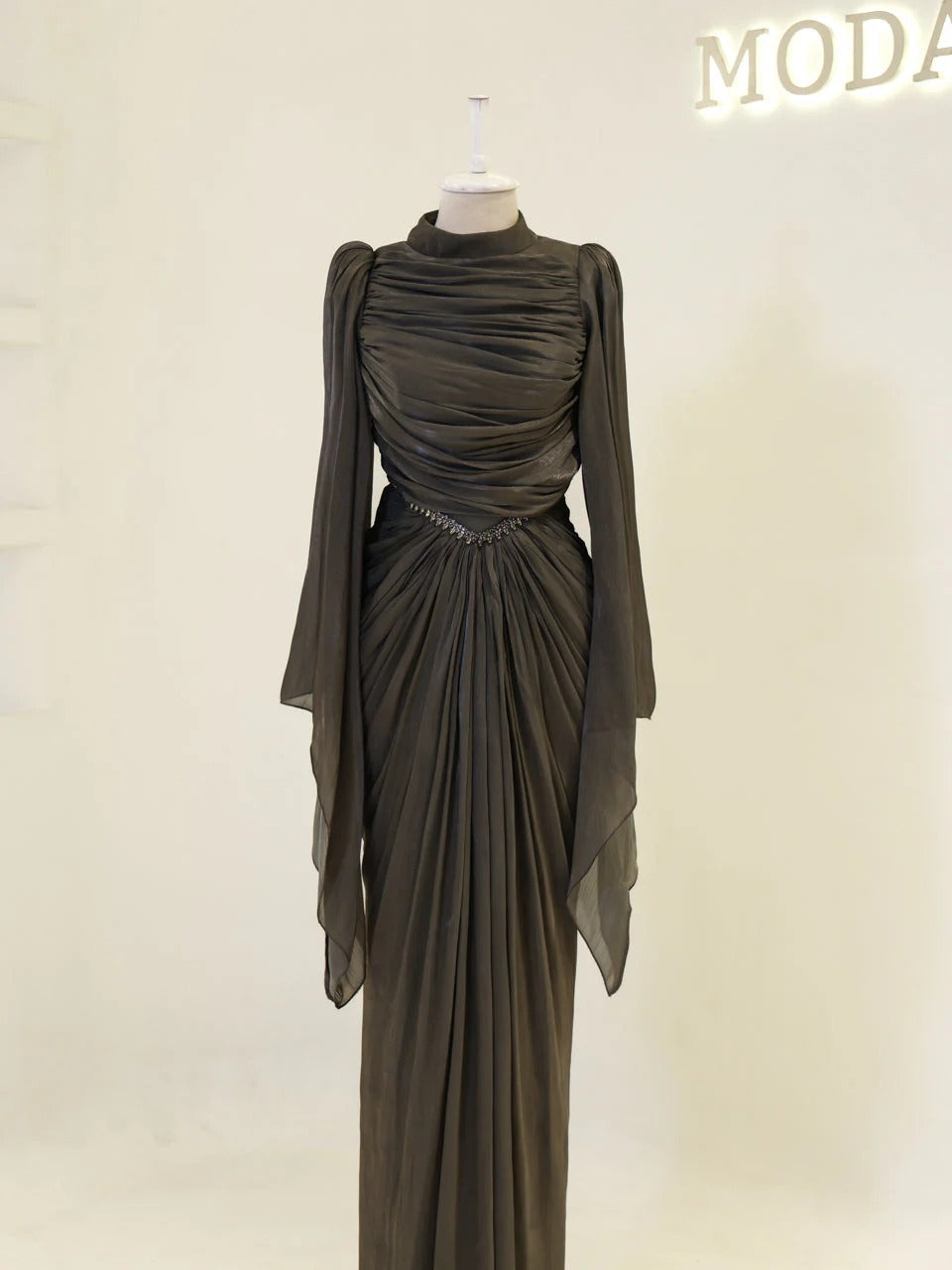Sequin Cape Satin Evening Gown- Brown